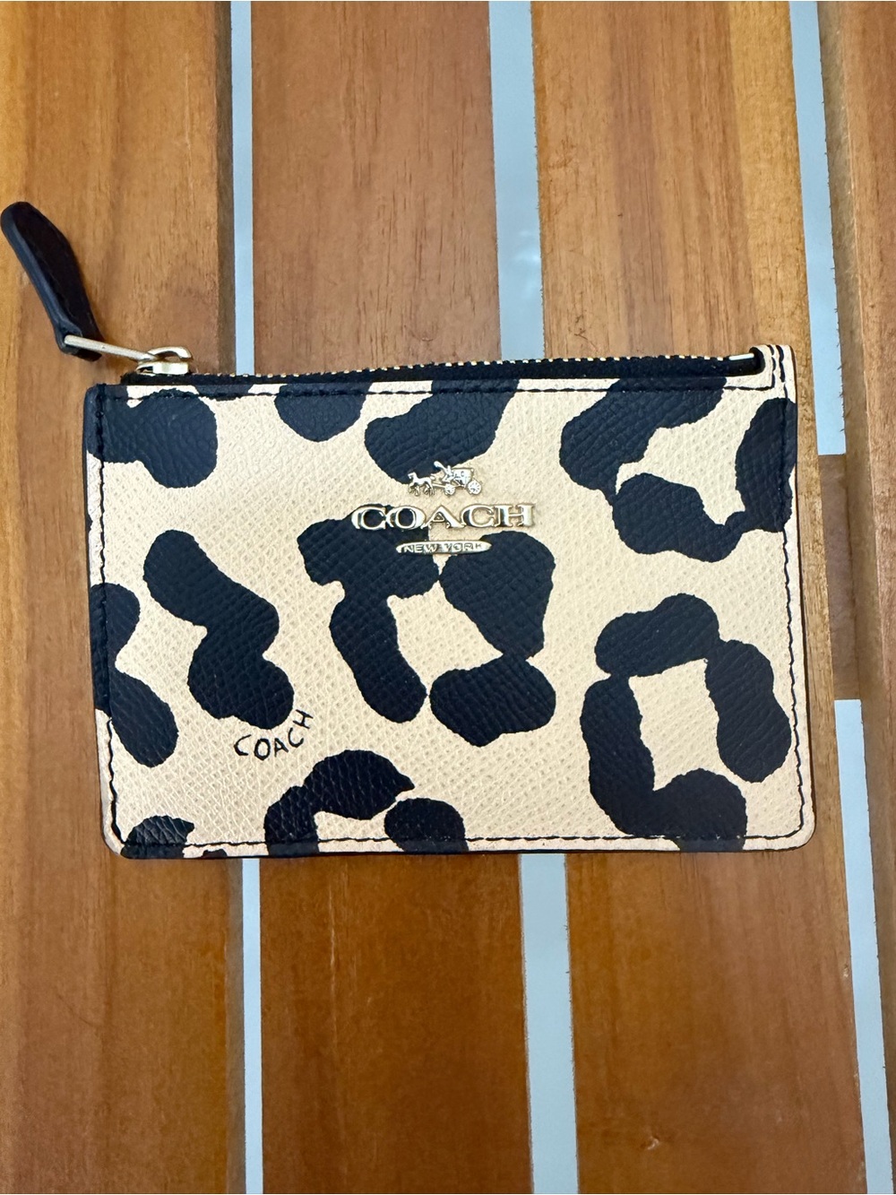 Coach Leopard Print Zip Card Case - Beige and Black